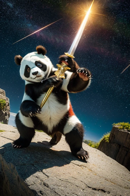 Highest quality, masterpiece, Realistic, High resolution, 8K RAW Photos, 1girl、Long Hair、goddess、Holding a decorated sword、Raise your sword、Glamour、(White bodysuit with panda motif、Gold Edge)、during、Earrings、(Action pose)、(On a rock on a planet where you can see a meteor shower)、(Many tentacles floating in the starry sky）、Panda Shield、Panda Missile、Panda Sword、Panda Armor、Attack with Panda、Panda fighting goddess、horn、