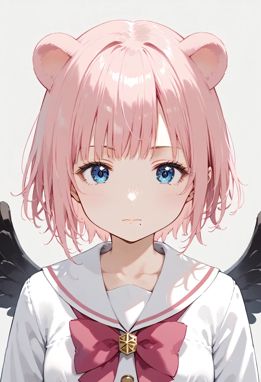 score_9, score_8_up, score_7_up, 1girl, (masterpiece), (best quality), (ultra detailed),(disheveled hair),(illustration), skistyle, solo, pink hair, animal ears, blue eyes, wings, looking at viewer, mole, bangs, short hair, bow, sailor collar, simple background, white sailor collar, mole under mouth, hair bow, pink bow, closed mouth, shirt, white shirt, bear ears, bob cut, mini wings, grey background, portrait, detached wings, makeup, upper body, white background