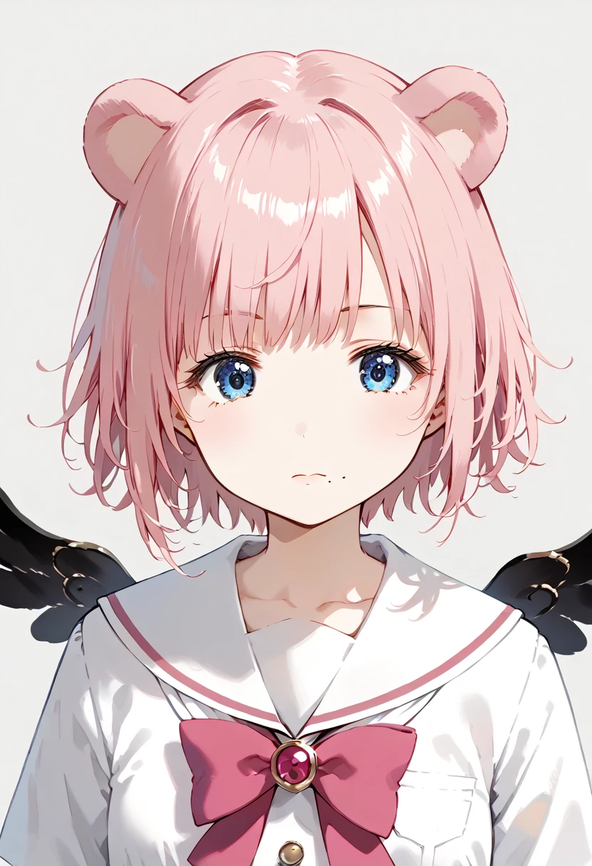 score_9, score_8_up, score_7_up, 1girl, (masterpiece), (best quality), (ultra detailed),(disheveled hair),(illustration), skistyle, solo, pink hair, animal ears, blue eyes, wings, looking at viewer, mole, bangs, short hair, bow, sailor collar, simple background, white sailor collar, mole under mouth, hair bow, pink bow, closed mouth, shirt, white shirt, bear ears, bob cut, mini wings, grey background, portrait, detached wings, makeup, upper body, white background