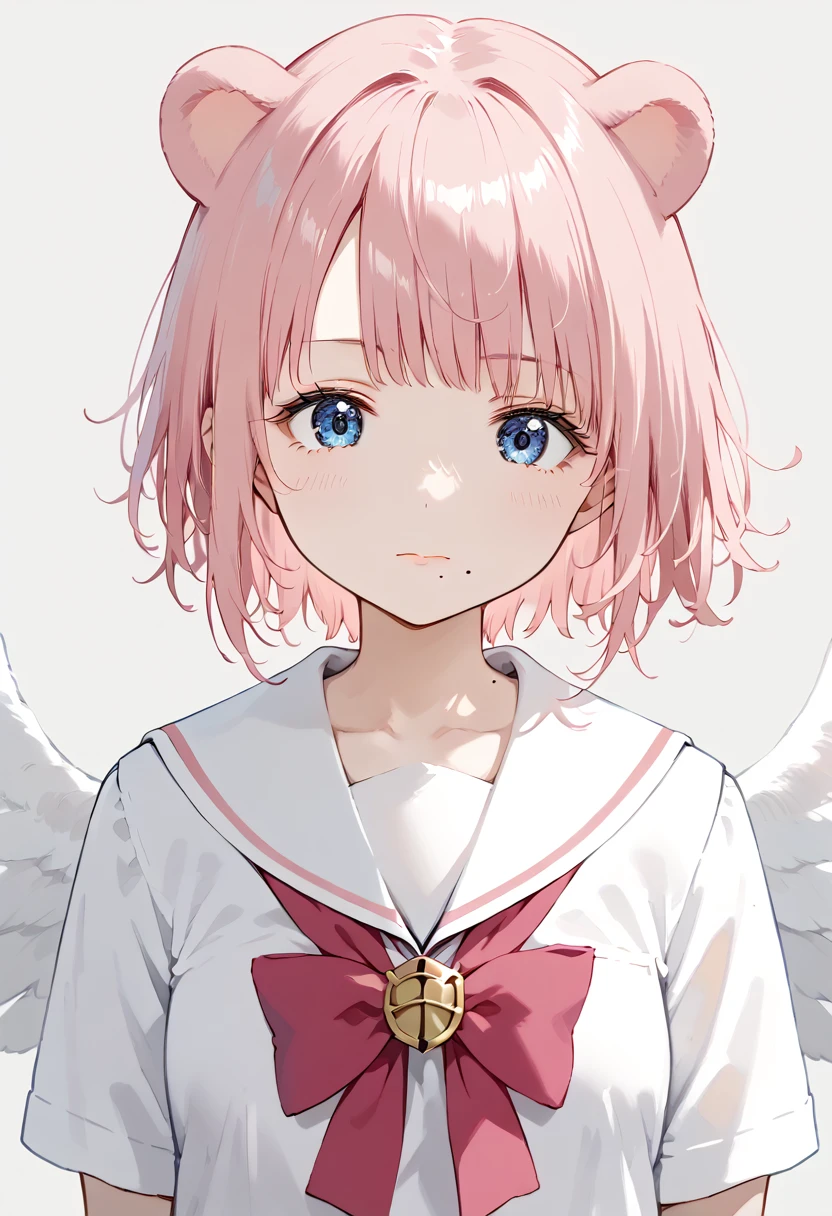 score_9, score_8_up, score_7_up, 1girl, (masterpiece), (best quality), (ultra detailed),(disheveled hair),(illustration), skistyle, solo, pink hair, animal ears, blue eyes, wings, looking at viewer, mole, bangs, short hair, bow, sailor collar, simple background, white sailor collar, mole under mouth, hair bow, pink bow, closed mouth, shirt, white shirt, bear ears, bob cut, mini wings, grey background, portrait, detached wings, makeup, upper body, white background