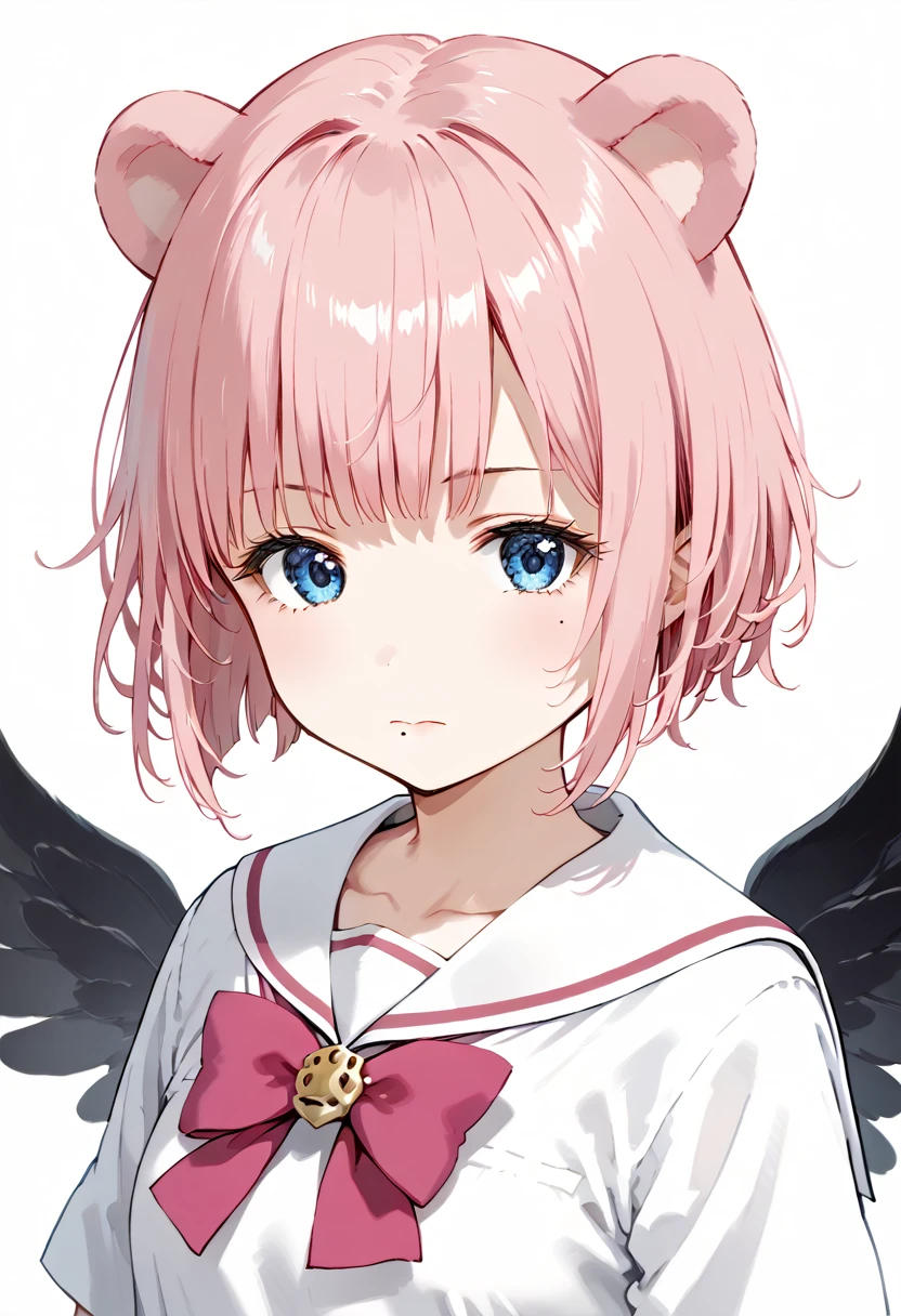 score_9, score_8_up, score_7_up, 1girl, (masterpiece), (best quality), (ultra detailed),(disheveled hair),(illustration), skistyle, solo, pink hair, animal ears, blue eyes, wings, looking at viewer, mole, bangs, short hair, bow, sailor collar, simple background, white sailor collar, mole under mouth, hair bow, pink bow, closed mouth, shirt, white shirt, bear ears, bob cut, mini wings, grey background, portrait, detached wings, makeup, upper body, white background