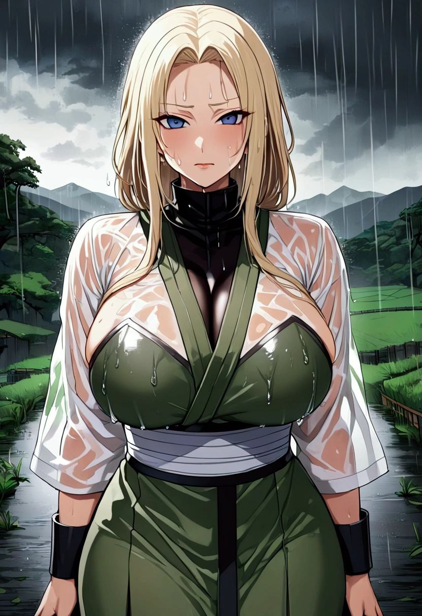 (8k, Highest quality, Dramatic, View your viewers, Intricate details:1.3),(One woman, Tsunade from naruto, Big Breasts, I can see the valley), (White color, Ninja uniform, See-through, Sweating, The whole body is visible, Being hit by rain, Soaking wet)