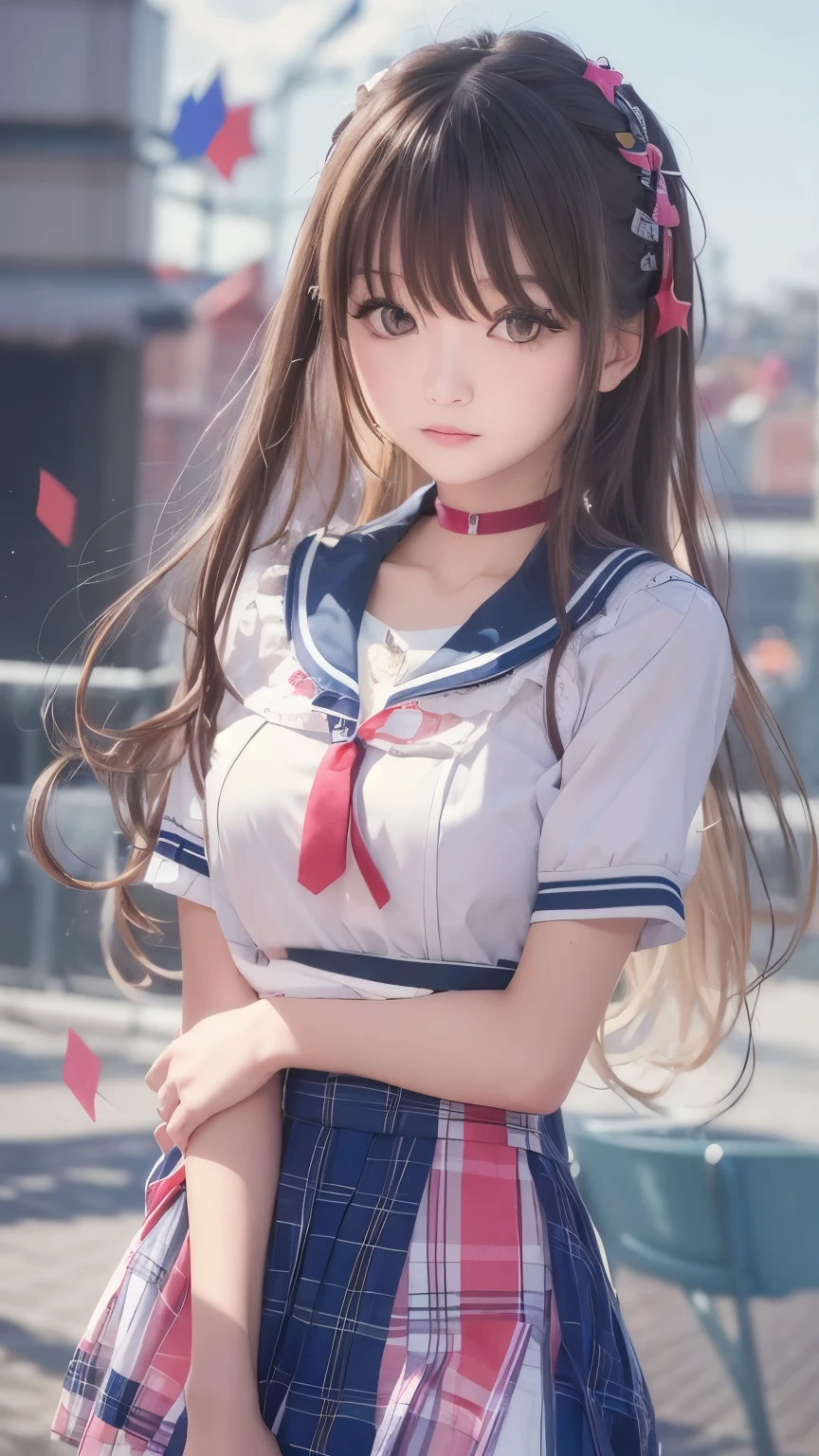 Woman standing in the sea as the sun rises、Sea at dawn、(Wearing a navy blue blazer、Wearing a white blouse、Wearing a red flared skirt)、Wearing pumps、The wind is blowing、A bag is hanging from the right shoulder、Beauty、20-year-old、university student、Uniform, cool-looking eyes、Well-balanced proportionedium build、Small face、Small breasts、Small Ass、The neck is short、Uniform left and right eyes、, black hair, long hair, messy hair, floating hair, earrings, parted lips, happy, seductive smile, symbol-shaped pupils, Surrealism, Verism, cinematic lighting, first-person view, f/1.2, Nikon, UHD, best quality, highres, 8k, anatomically correct, textured skin, high details