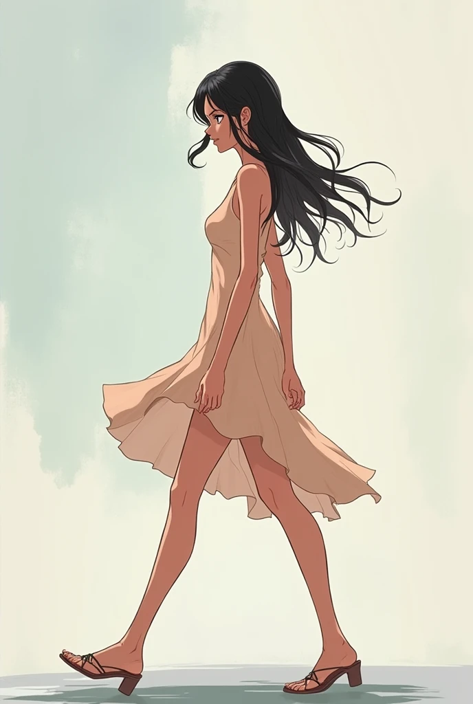 alone in the universe, in watercolor style, Photorealism, discreet golden and ruby and mint shades, (nude) gentle modest thin girl 16 years old (with a very beautiful exquisite face) southern type with short dark hair with beautiful breasts with tender nipples (barefoot) in a long burgundy skirt walking in the distance (Across the desert), stunted little plants, drought, precious jewelry on the neck and chest and on the wrists, precious bracelets, ankle bracelets