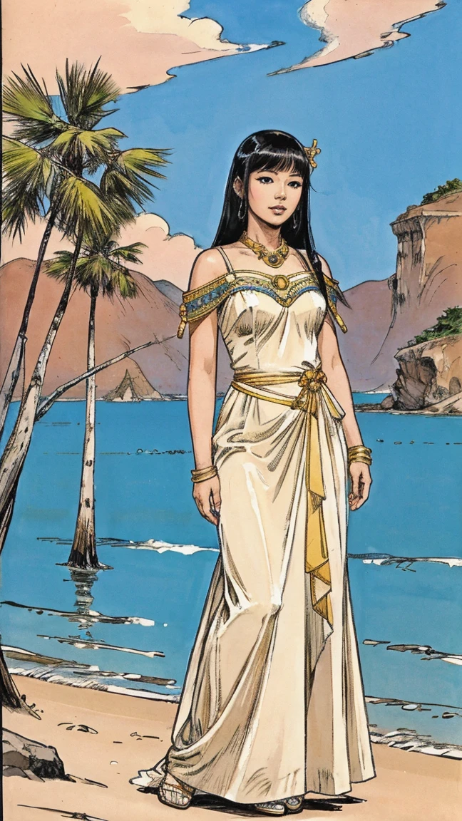 Feminine Asian Women Illutionist, Cleopatra Hairstyle, Wearing Feminine Silk Dress, carriying Konghou (Harp), standing behind blue beach, full body portrait from head to toe, showing full body portrait from head to toe, detailed comic artstyle.