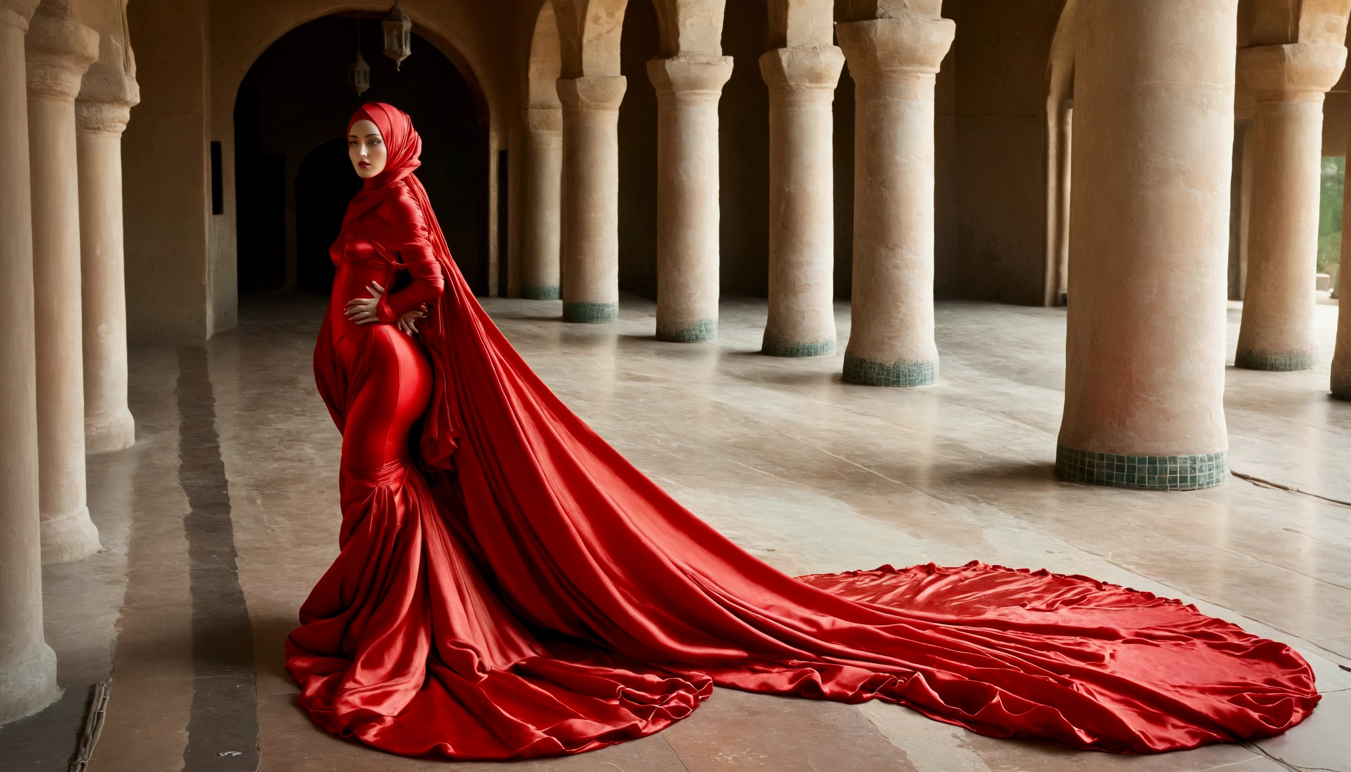 A woman shrouded in a 10-meter-long, plush red satin cloth, tightly bound and grandly draping along the form of her body, flowing off into a pooled floor-length train, styled in a mermaid-inspired outfit, her head modestly veiled in a satin hijab, tall woman, outdoor, a full-body pose conveying a sense of mysterious elegance, captured in a 4k resolution, ultra-realistic