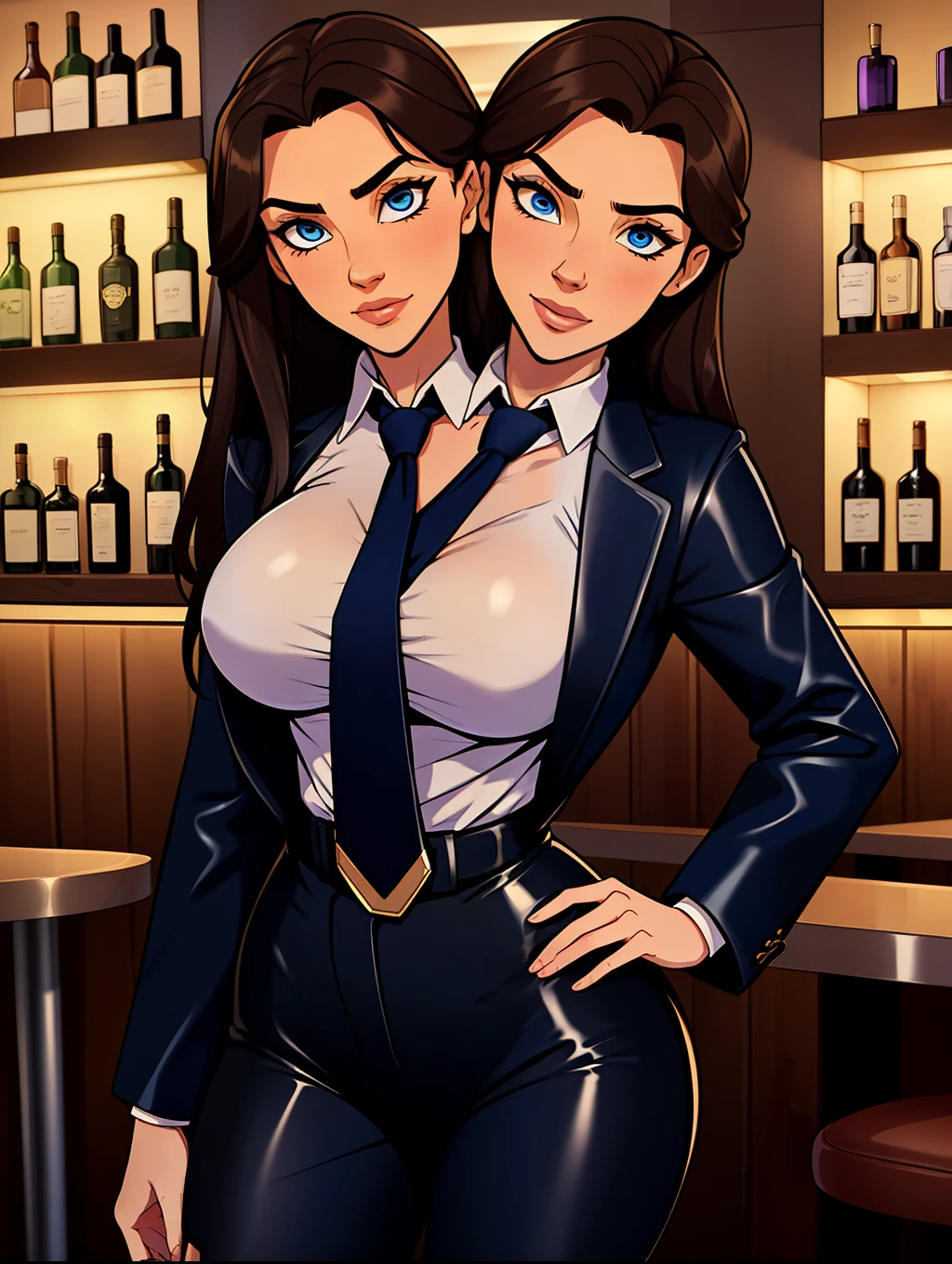 ((2heads:1.5)), best quality:1.5, highres, UHD, 16K, 1girl, ((two headed woman:1.5)), ((black hair)), ((brown hair)) ((two headed women in leather pants posing for a picture)), sexy body and face, perfect body, beautiful symmetric body, sexy body, sexy girl, beautiful body and face, sexy hot body, very sexy pose, (violet tie), (formal outfit), ((black coat jacket)), ((black dress pants)), modern clothing, v neck white shirt, long sleeved black leather jacket under gray collar shirt, dark blue eyes, ((bar background))
