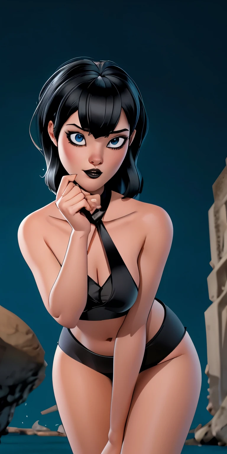 (best quality:1.4),(shiny skin), body focus, (cute face), (((best quality))), illustration, ((Beautiful Finger)), , Beautiful body, Beautiful character design, ,perfect lighting, Colorful, Bright_Front_face_Lighting, ultra high res, highres, absurdres:1.2, bokeh:1.2, lens flare, (vibrant_color:1.2), (thick thighs:1.1), THICK, Black hair with bangs, pale skin, large round blue eyes, black eyeliner, black lipstick, neutral expression, ruffled bikini