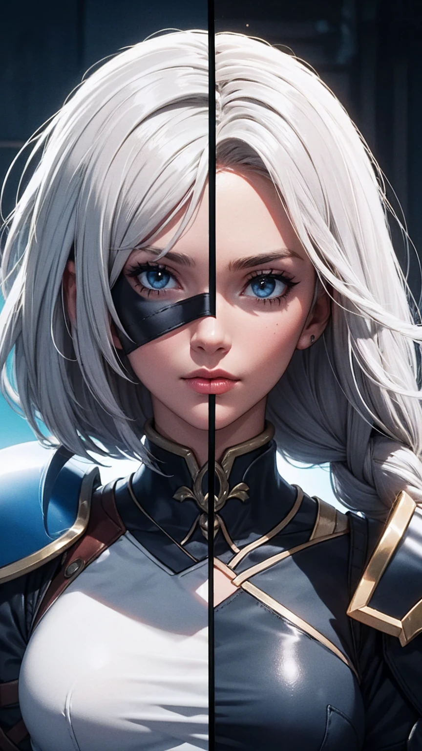 Highly detailed, High Quality, Masterpiece, beautiful,
BREAK 1girl, close-up, SplitScreen, split screen, "2B", short black skirt, black blindfold, white hair in a short bob cut, BREAK 1girl, close-up, SplitScreen, split screen, "Lenneth", blue plate armor, blue plate helmet, long white hair in a single braid,LennethVP,, armored dress