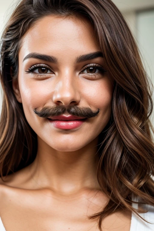 bearded woman, cheek hair, neck hair, shaggy, brown hair, hold a pack of minoxidil beard