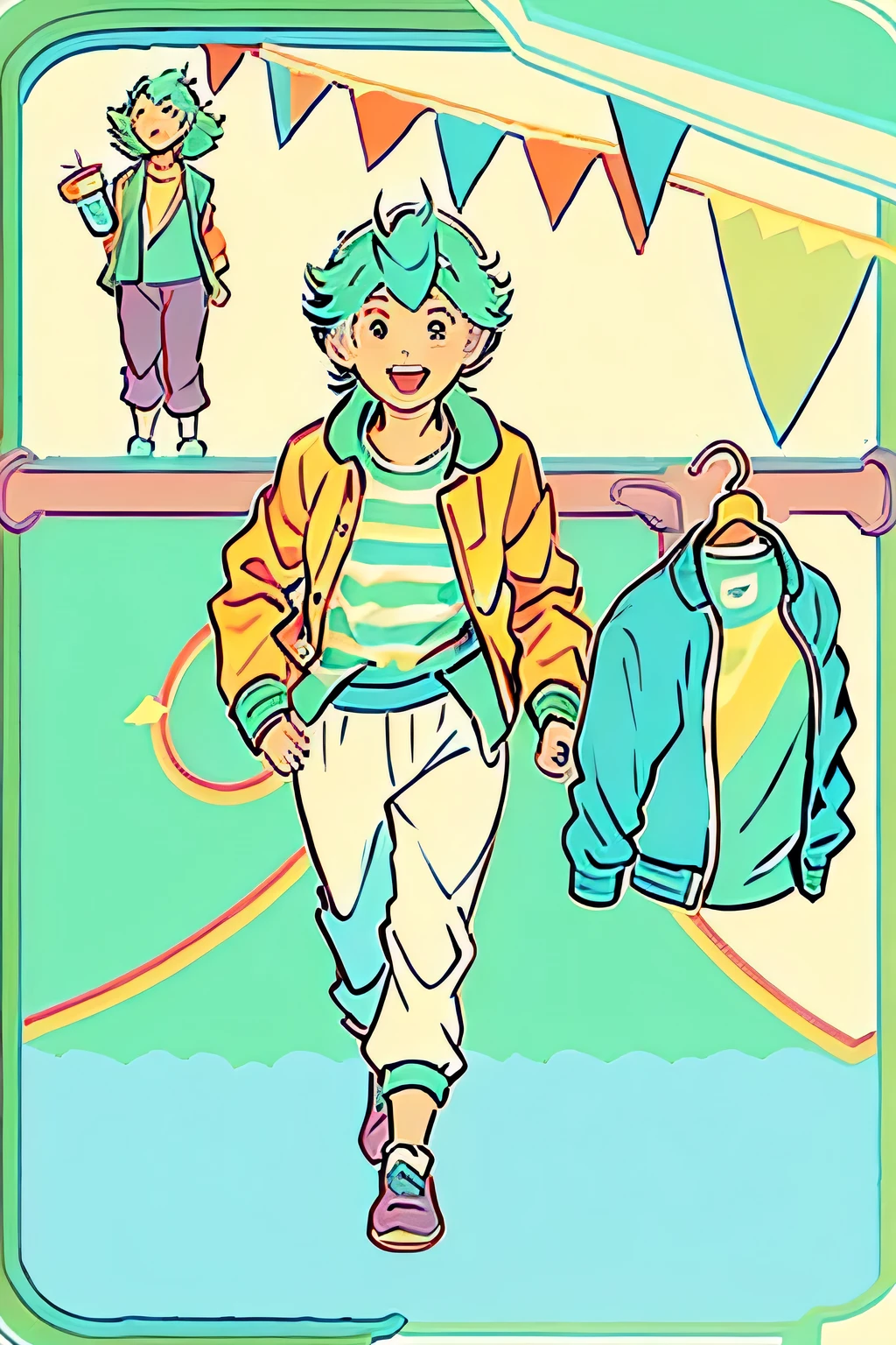 man, Chico, Short mint green hair with bangs, Pastel yellow jacket, Casual style, loose grey pants, White socks with orange stripes, relaxed pose, Both hands holding a drink with a straw, looking ahead, Playful background with pastel shapes, soft skin, Band-aid on the forehead, indoor environment, Soft general lighting, Happy and carefree atmosphere, Front view, balanced exposition, still image, illustrated character, No motion blur A cheerful character with mint green hair enjoys a drink, dressed in a Pastel yellow jacket and casual loose pants. They stand against a playful background of pastel shapes with a cheerful and relaxed vibe..