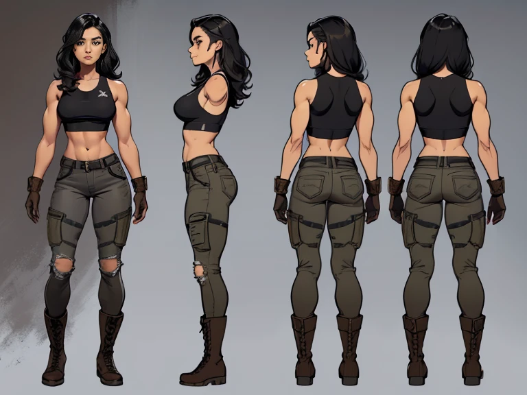 (A beautiful 24yo mixed race Guatemalan-Navajo Female with Short Wavy Black Hair), (Wearing camouflage uniform, torn tank top, gloves, thick brown boots and torn military pants), (Tanned Bronze Skin), (Athletic Physique), full body shot, (Character Concept Art), (Grey Background:1.4), (Character Sheet:1.6), Character Sketch, Stylized Digital Arts, Bits of Color, Masterpiece, Hand Drawn Sketch, (Realistic Drawing:1.4), High Detail, (Mix of Bold Dark Lines and Loose Lines), Bold Lines, Writings, Gritty, Intricate Artwork, 8k
