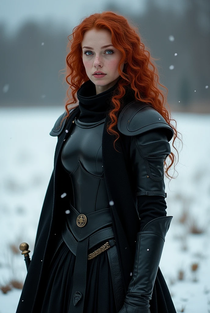 a snowy night war background, create a full body image of a gorgeous woman standing, one foot planted in the snow, another foot on a deceased man's chest, with long extra curly red hair and long bangs at the sides of his face, light freckles, sharp features and slanted half-closed glowing light purple eyes wearing a really fancy steampunk suit with straps, her chest area is open, neck-line shown, long black gloves, a frilled neck tie, black pants with black animal furs caping the back and side of his legs and knee-high strapped boots. sHe is holding a longsword, she is currently fighting other men in black armor, holding his sword towards them, other men fighting around her, with red snow at his feet/ boots. He has blood on his clothes. sHe has a long bloody scar going across his cheeks and nose.