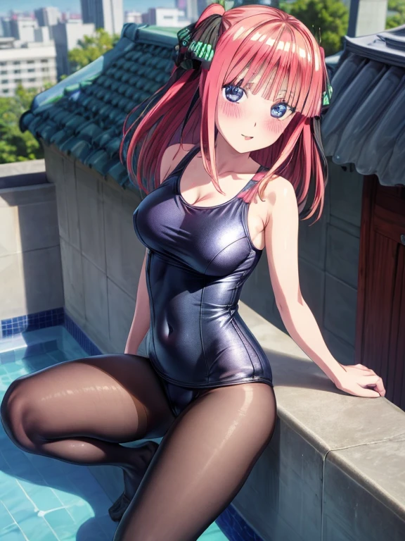 best quality, insanely detailed, nino nakano, breasts, blush, looking at viewer, cheerful eyes, arousal, one-piece swimsuit, pantyhose, roof top background, poolside background