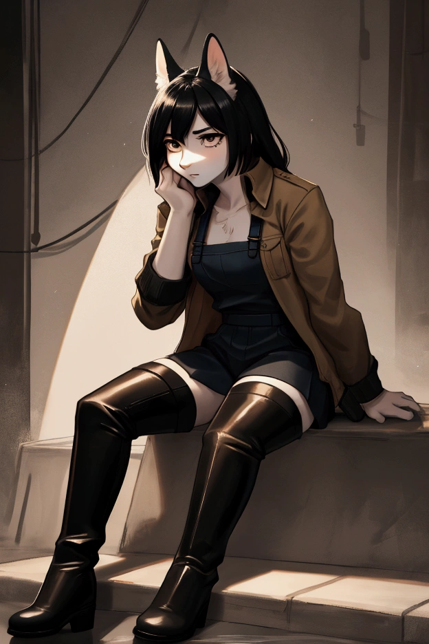 Sitting with legs crossed, The subject is、Wearing a beige jacket over a black shirt、She is stylishly dressed with thigh-high boots.。. The person has long, straight black hair.。. The dark background creates a dramatic and focused atmosphere.。, The lighting subtly highlights the texture and detail of the garments.。. The overall mood is confident.、I&#39;m calm。.