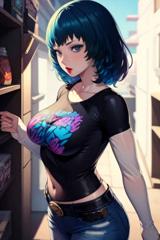 fembyleth, blue hair ,glossy lips , 1girl, solo, standing, t-shirt, white shirt, blue jeans, belt, lipstick, large breasts, layered sleeves