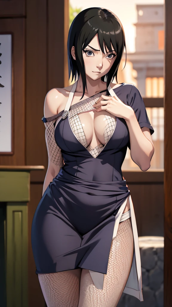 Shizune from naruto shipuden, exposed belly, Beautiful legs, flawless lighting, thicc thighs, sultry posing, eyeshadows, dress with exposed chest, part of the waist exposed, shadowing, lighting, 8k, hdr, tilted square, seductive body, slim, pantyhose, hand in own panties, chest net