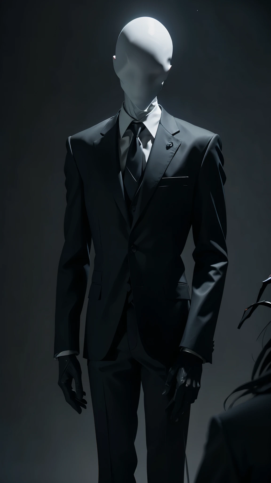 envision a 8k, highres, cinematic, detailed, semi realistic slenderman in dark lighting, against a dark solid gray background