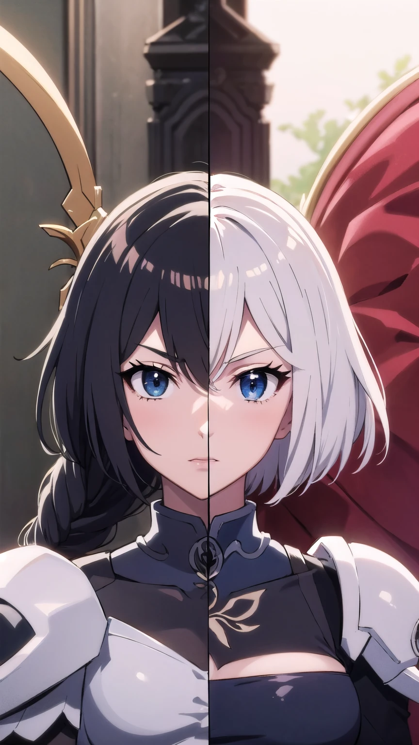 Highly detailed, High Quality, Masterpiece, beautiful,
BREAK 1girl, close-up, SplitScreen, split screen, "2B", short black skirt, black blindfold, white hair, (short bob cut), BREAK 1girl, close-up, SplitScreen, split screen, "Lenneth", blue plate armor, winged helmet, long white hair, (single braid),LennethVP, armored dress