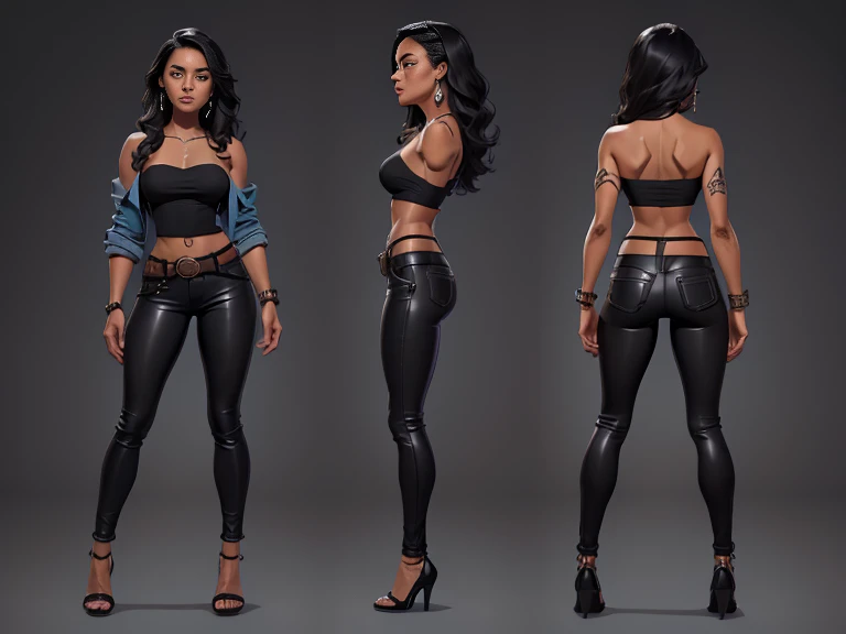 (A beautiful 24yo mixed race Guatemalan-Navajo Female with Short Wavy Black Hair), (Wearing opened blue jacket, black strapless top, black leather pants, belt and heels), (Tanned Bronze Skin), (Athletic Physique), full body shot, (Character Concept Art), (Grey Background:1.4), (Character Sheet:1.6), Character Sketch, Stylized Digital Arts, Bits of Color, Masterpiece, Hand Drawn Sketch, (Realistic Drawing:1.4), High Detail, (Mix of Bold Dark Lines and Loose Lines), Bold Lines, Writings, Gritty, Intricate Artwork, 8k
