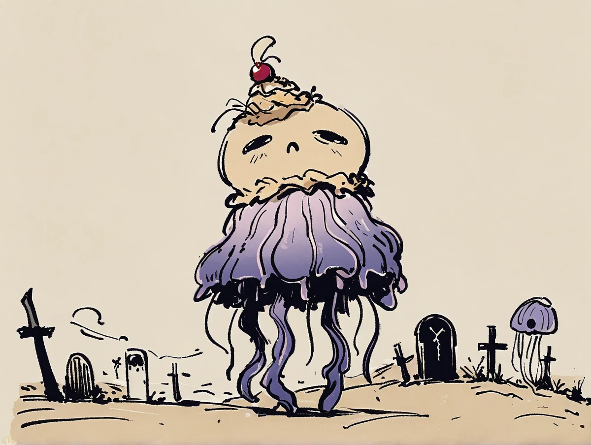 Maple Parfait Monster, Circle Eye, no humans, Jellyfish tentacles legs, Graveyard at Desert, Style of MFKZ