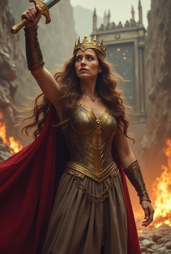 Foice flamejante enorme, Deusa da Morte super poderosa saindo do templo escuro, behind is meteor magic around the body, Gothic style, linda armadura de ouro vermelho, circunstanciado，Deusa chinesa，delicate facial features，cara real，fundo rico, fundo da arte da espada, Film shooting, profundidade de campo, super visual, Super Vision--Estilo Expressivo，it's realistic, it's super high-resolution