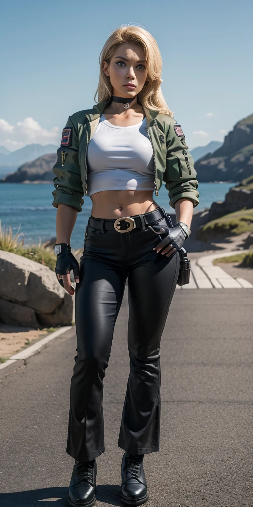 8k, masterpiece, best quality, ultra-detailed, sonyablade, 1girl, solo, long hair, blonde hair, cute blue eyes, breasts, choker, crop top, cropped green jacket, black fingerless gloves, full body, highleg panties, jacket, combat boots, lipstick, makeup, (abs:0.3), midriff, navel, black pants(Wide flares on pants:1.2),
