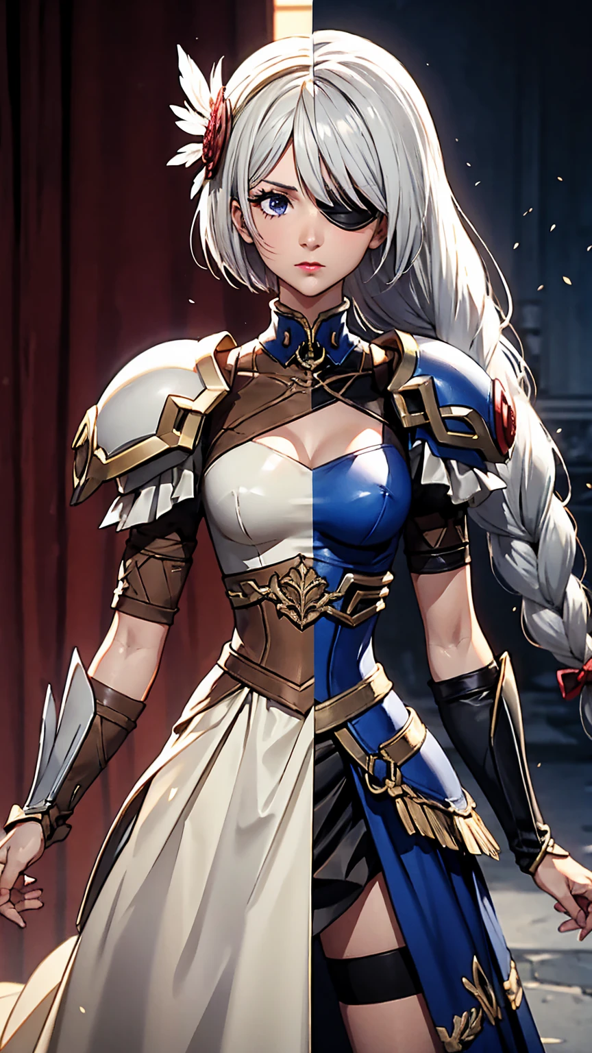 Highly detailed, High Quality, Masterpiece, beautiful,
BREAK 1girl, cowboy shot SplitScreen, split screen, "2B", short black skirt, black blindfold, white hair, (short bob cut), BREAK 1girl, cowboy shot, SplitScreen, split screen, "Lenneth", blue plate armor, winged helmet, long white hair, (single braid),LennethVP, armored dress