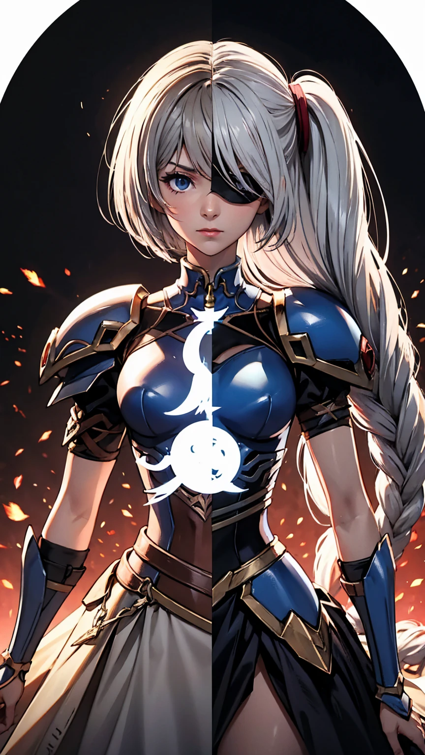 Highly detailed, High Quality, Masterpiece, beautiful,
BREAK 1girl, cowboy shot SplitScreen, split screen, "2B", short black skirt, black blindfold, white hair, (short bob cut), BREAK 1girl, cowboy shot, SplitScreen, split screen, "Lenneth", blue plate armor, winged helmet, long white hair, (single braid),LennethVP, armored dress