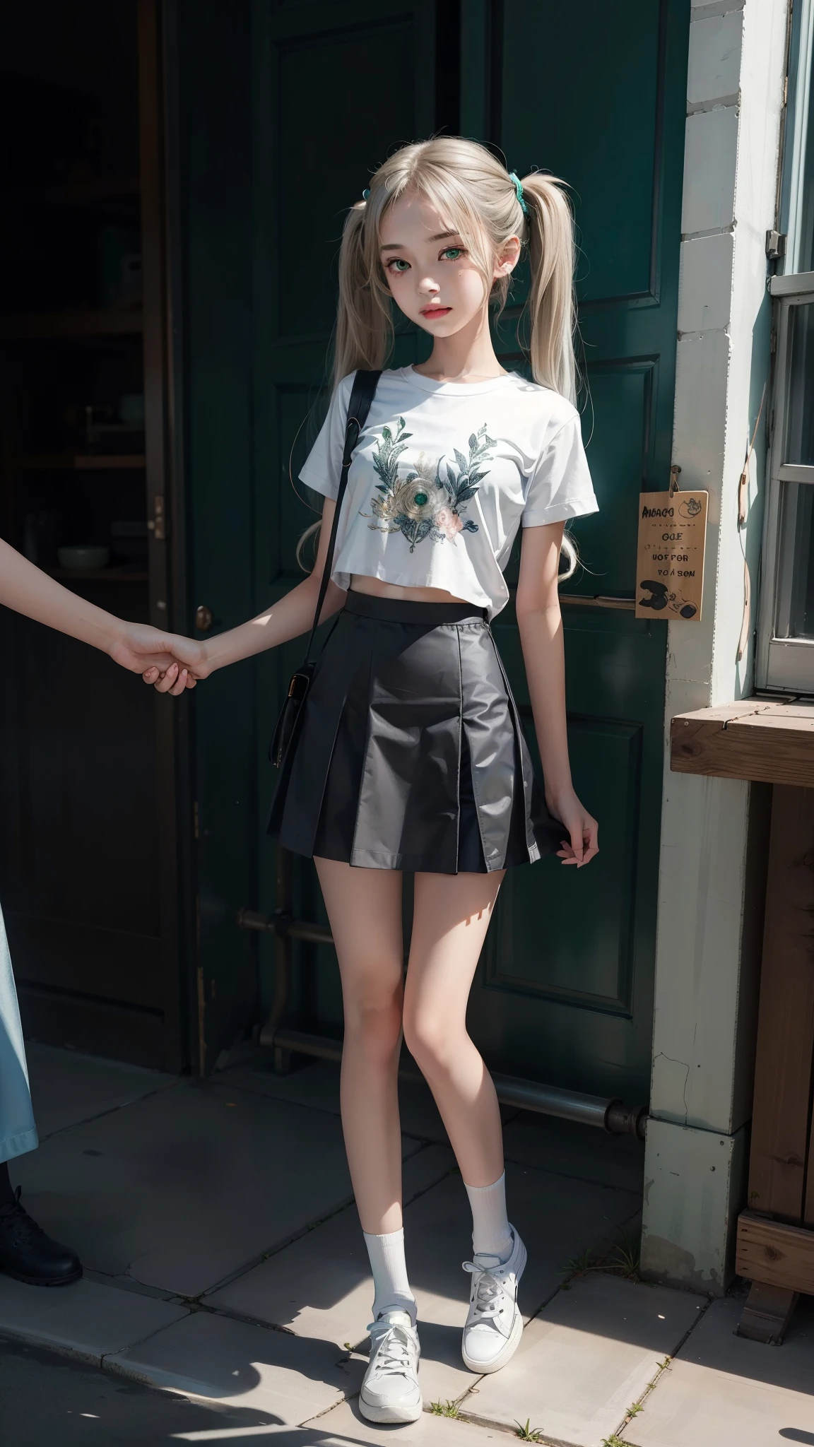 (((masterpiece))), best quality, illustration, (teenage girl), 1girl with white long hair, beautiful detailed green eyes, white long straight hair, ((low twintails)), ((cute)), (petite), slim, solo, solo focus, shirt, skirt, full body, 、Small head, small face