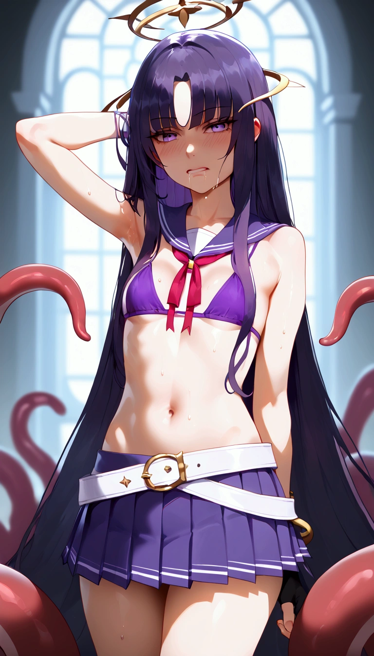 Fraction_9, Fraction_8_Direction_7_Direction_6_up, Uncensored, Winning streak, absurdly Long hair, Purple Eyes, Long hair, partedbangs, Purple Hair, very Long hair, Hair accessories, rest  (Delicate eyes:1.5), (Perfect hands, Perfect anatomical structure), Anime style, Comic Style, Hand Painted, Movie, Clear focus, Humorous illustrations, Large depth of field, masterpiece, Concept Art, Popular on artstation, Bright colors, Simplify style, Popular on artstation, Popular on CGsociety, complex, Vibrant colors, Soft shadows, Simple functionality, Sharp Angles, Fun, desudation, Sweating, sweating drop rest, swimsuit, Bikini, purple Bikini, Umbilical cord, Gloves, fingerless Gloves, Ribbon, armpit, cleveage, thigh, belt, Star \(Symbolism\), black Gloves, Brown, Jewelry, bead, purple Ribbon, bead bracelet, Bare shoulders, white belt, neck Ribbon, loose belt, bracelet, High Legs, High Legs Bikini, Tentacles, sBrownding, sBrownding split, Awkward, blush, Grit your teeth, Drooling Breasts, , Realistic photos, (High body) ,Perfect female image,Japanese, Black Hair,Long hair,Bangs,black eyes,(Small head:1.4, Ideal body proportions:1.5,Skinny:1.2,Small breasts:1.2),(Uniforms:1.3、Short sleeve、Sailor Suit、Pleated Mini Skirt)、1 girl，Gloomy cells，All over the ground刑具，Bloody torture instruments，All over the ground血污，All over the ground，4 naked men，The girl was naked，Teenage nude，The girl was拘束吊起，，，Girl with injuries，Wailing in pain，The girl wasrape，The girl was，Multiple people had violent sex with a young girl，Violent sexual behavior，Deep throat，，（（Full set））、（：1.6），rape，Clothes are torn