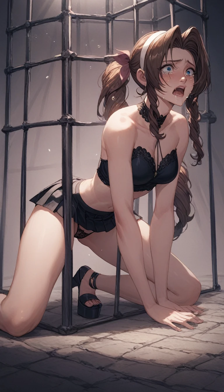 full body, sexy full body shot, side shot, long legs, spreading legs, 1 girl, , cute teen girl, A drunk Aerith lying on all fours traped in dungeon cage, crying, scared, terror face, hands on cage bars, dark scarry background, Brown hair, ponytail, white long hairband, medium breasts, naked shoulders, black lace choker, sexy black tight strapless crop top, short black sexy pleated mini skirt, black lace tight straps arround the stomach going down arrownd the body all the way to the waist, black lace sexy panties, black platform high heels sandals .