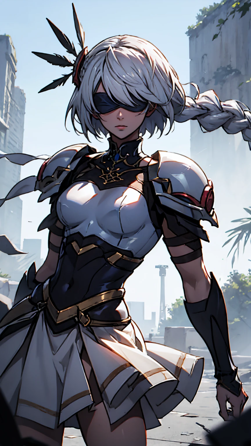 Highly detailed, High Quality, Masterpiece, beautiful,
BREAK 1girl, cowboy shot SplitScreen, split screen, "2B", short black skirt, black blindfold, white hair, (short bob cut), BREAK 1girl, cowboy shot, SplitScreen, split screen, "Lenneth", blue plate armor, winged helmet, long white hair, (single braid),LennethVP, armored dress