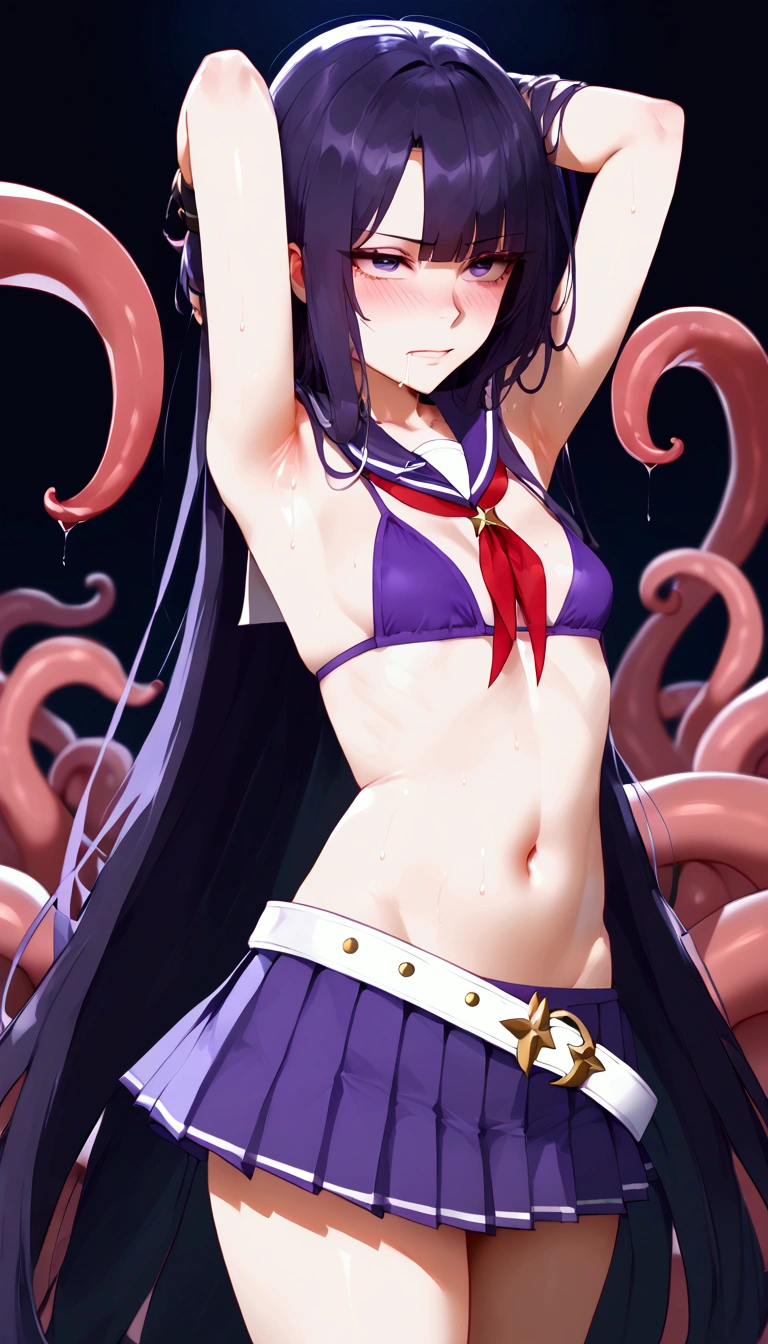 Fraction_9, Fraction_8_Direction_7_Direction_6_up, Uncensored, Winning streak, absurdly Long hair, Purple Eyes, Long hair, partedbangs, Purple Hair, very Long hair, Hair accessories, rest  (Delicate eyes:1.5), (Perfect hands, Perfect anatomical structure), Anime style, Comic Style, Hand Painted, Movie, Clear focus, Humorous illustrations, Large depth of field, masterpiece, Concept Art, Popular on artstation, Bright colors, Simplify style, Popular on artstation, Popular on CGsociety, complex, Vibrant colors, Soft shadows, Simple functionality, Sharp Angles, Fun, desudation, Sweating, sweating drop rest, swimsuit, Bikini, purple Bikini, Umbilical cord, Gloves, fingerless Gloves, Ribbon, armpit, cleveage, thigh, belt, Star \(Symbolism\), black Gloves, Brown, Jewelry, bead, purple Ribbon, bead bracelet, Bare shoulders, white belt, neck Ribbon, loose belt, bracelet, High Legs, High Legs Bikini, Tentacles, sBrownding, sBrownding split, Awkward, blush, Grit your teeth, Drooling Breasts, , Realistic photos, (High body) ,Perfect female image,Japanese, Black Hair,Long hair,Bangs,black eyes,(Small head:1.4, Ideal body proportions:1.5,Skinny:1.2,Small breasts:1.2),(Uniforms:1.3、Short sleeve、Sailor Suit、Pleated Mini Skirt)、1 girl，Gloomy cells，All over the ground刑具，Bloody torture instruments，All over the ground血污，All over the ground，4 naked men，The girl was naked，Teenage nude，The girl was拘束吊起，，，Girl with injuries，Wailing in pain，The girl wasrape，The girl was，Multiple people had violent sex with a young girl，Violent sexual behavior，Deep throat，，（（Full set））、（：1.6），rape，Clothes are torn