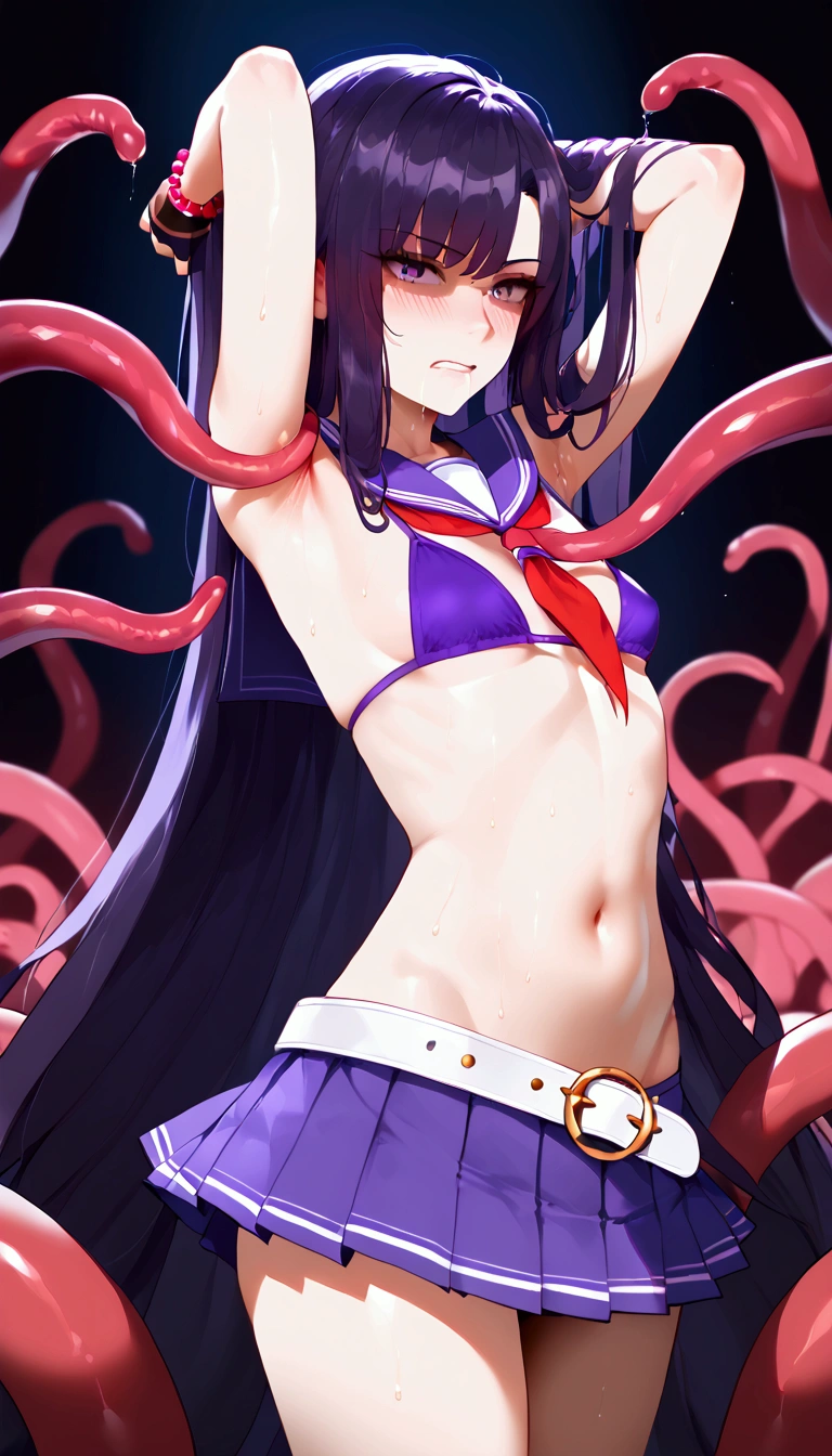 Fraction_9, Fraction_8_Direction_7_Direction_6_up, Uncensored, Winning streak, absurdly Long hair, Purple Eyes, Long hair, partedbangs, Purple Hair, very Long hair, Hair accessories, rest  (Delicate eyes:1.5), (Perfect hands, Perfect anatomical structure), Anime style, Comic Style, Hand Painted, Movie, Clear focus, Humorous illustrations, Large depth of field, masterpiece, Concept Art, Popular on artstation, Bright colors, Simplify style, Popular on artstation, Popular on CGsociety, complex, Vibrant colors, Soft shadows, Simple functionality, Sharp Angles, Fun, desudation, Sweating, sweating drop rest, swimsuit, Bikini, purple Bikini, Umbilical cord, Gloves, fingerless Gloves, Ribbon, armpit, cleveage, thigh, belt, Star \(Symbolism\), black Gloves, Brown, Jewelry, bead, purple Ribbon, bead bracelet, Bare shoulders, white belt, neck Ribbon, loose belt, bracelet, High Legs, High Legs Bikini, Tentacles, sBrownding, sBrownding split, Awkward, blush, Grit your teeth, Drooling Breasts, , Realistic photos, (High body) ,Perfect female image,Japanese, Black Hair,Long hair,Bangs,black eyes,(Small head:1.4, Ideal body proportions:1.5,Skinny:1.2,Small breasts:1.2),(Uniforms:1.3、Short sleeve、Sailor Suit、Pleated Mini Skirt)、1 girl，Gloomy cells，All over the ground刑具，Bloody torture instruments，All over the ground血污，All over the ground，4 naked men，The girl was naked，Teenage nude，The girl was拘束吊起，，，Girl with injuries，Wailing in pain，The girl wasrape，The girl was，Multiple people had violent sex with a young girl，Violent sexual behavior，Deep throat，，（（Full set））、（：1.6），rape，Clothes are torn