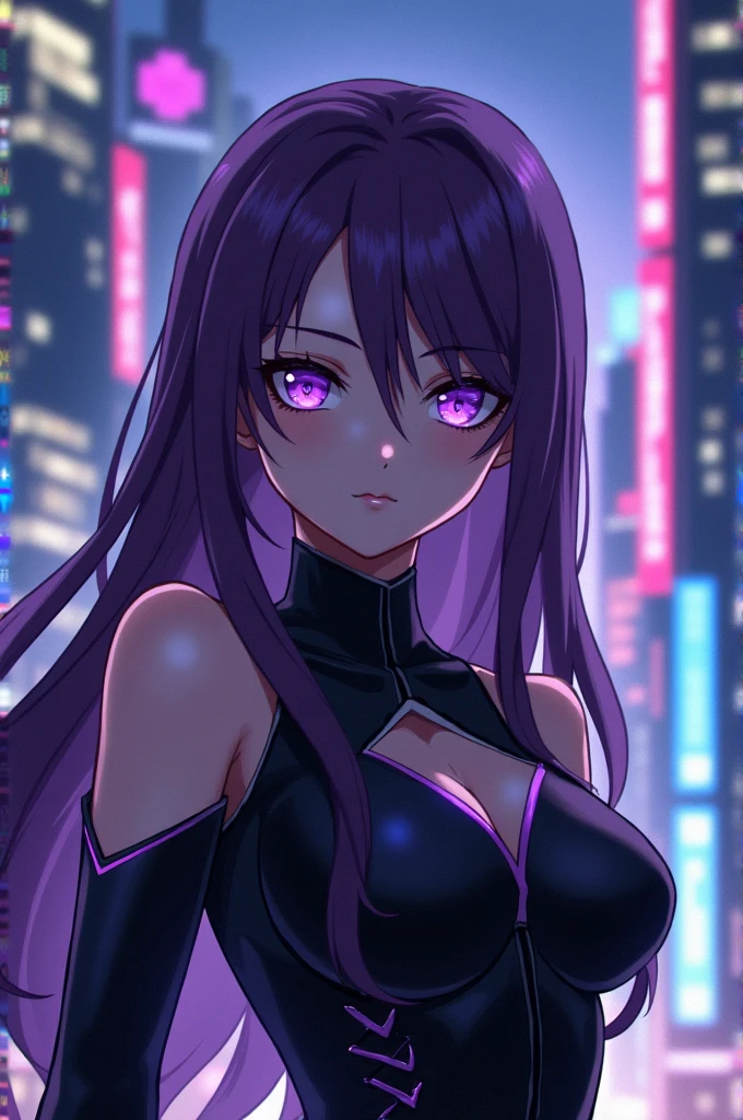 1 girl, wet image: Beautiful face, by lila, pantimedias, Covered navel, purple eyes, hip wind, beautiful, Look at the viewer, city at night, Neon,