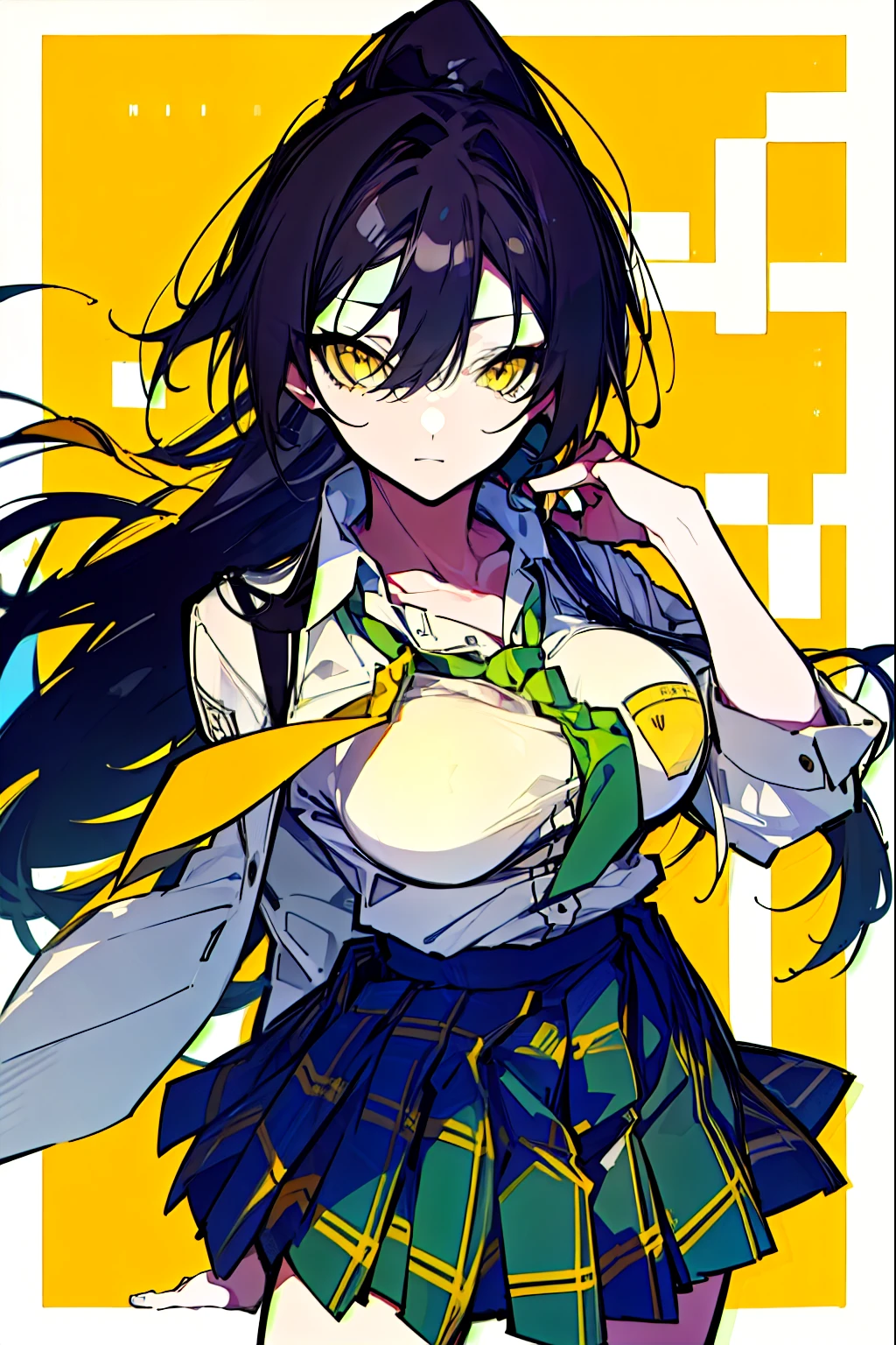 (Highest quality、masterpiece:1.2,Mature Woman) Sakura Yashirase, sakuya shirase, Black Hair, Hair between the eyes, Long Hair, ponytail, (Yellow Eyes:1.5),
Break collarbone, green tie, green skirt, tie, Open collar, Plaid, Plaid skirt, pleated skirt, school uniform, shirt, skirt, white shirt,Black Hair、eye shadow(Large Breasts: 1.4、Voluptuous body、The waist is narrow)