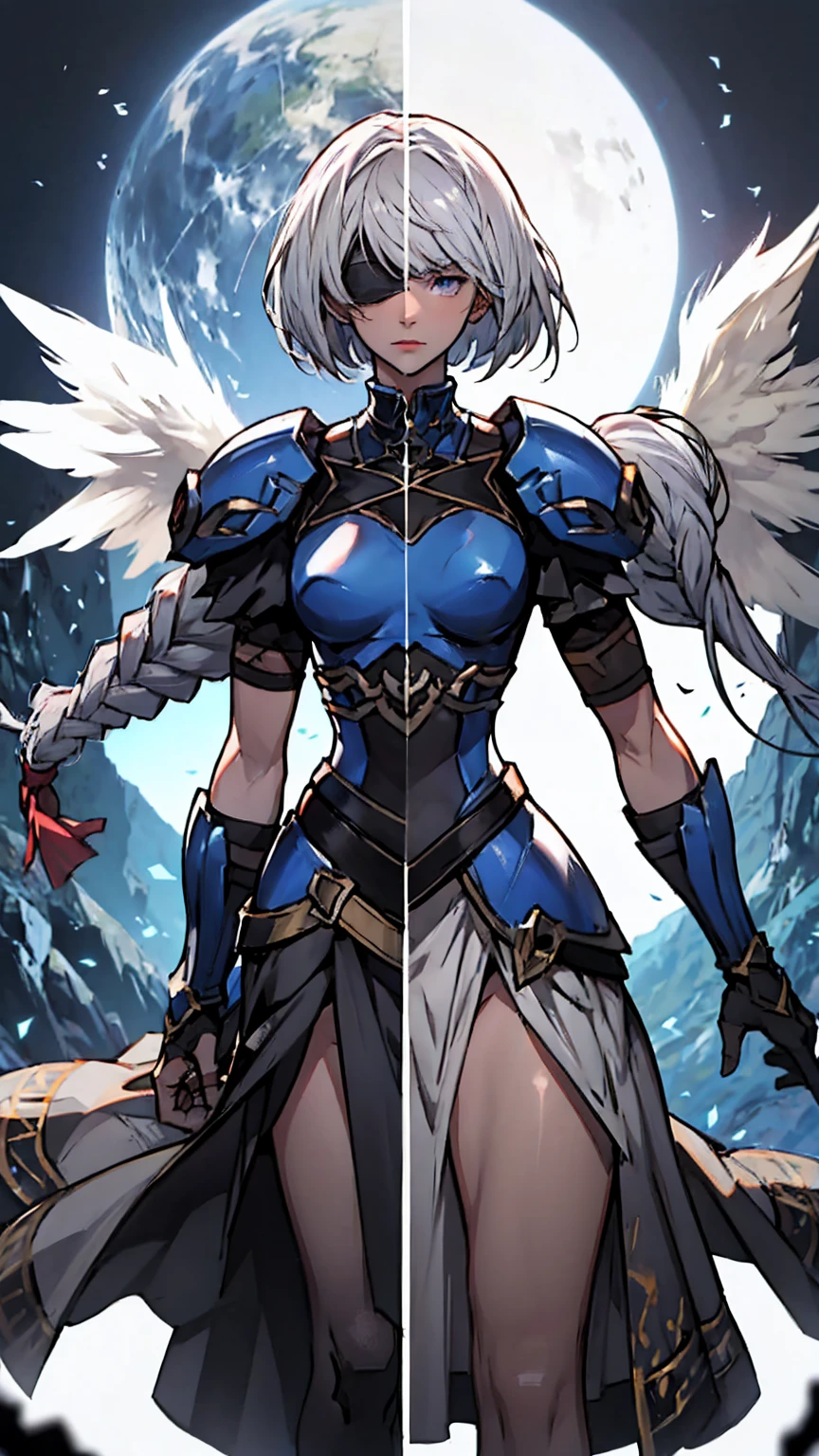 Highly detailed, High Quality, Masterpiece, beautiful,
BREAK 1girl, cowboy shot SplitScreen, split screen, "2B", short black skirt, black blindfold, white hair, (short bob cut), BREAK 1girl, cowboy shot, SplitScreen, split screen, "Lenneth", blue plate armor, winged helmet, long white hair, (single braid),LennethVP, armored dress