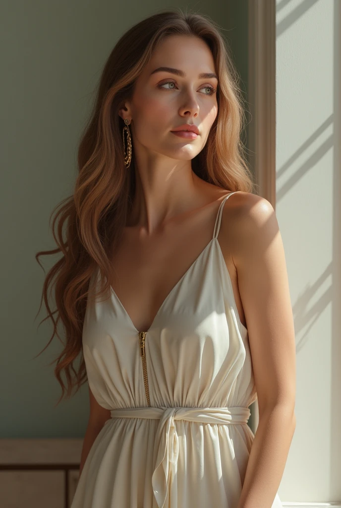 makeup, mascara, simple color palettes, one woman 25 years old, stylish, Clean, sharp designs, flowing silhouettes, Tight skirts, high-waisted skirts and , simple dresses, blouses, asymmetrical, geometric, Elegant and luxurious materials and designs, Simple, minimal accessories, ((gold trim)), (elegant dress), slender, athletic, Slim necklaces and rings in silver or gold, Simple bangles, Distinctive designs, simple silhouettes, chic and mature impression, simple and sophisticated style, elegance, minimalism, high quality materials, cool and urban impression, high fashion, , simplicity and sophistication, plain white dress, chic white dress ((long red hair)), ginger hair, [Victoria Beckham], [[Kate Beckinsale]], [[[Jenna Coleman]]], [[[Tricia Helfer]]],
