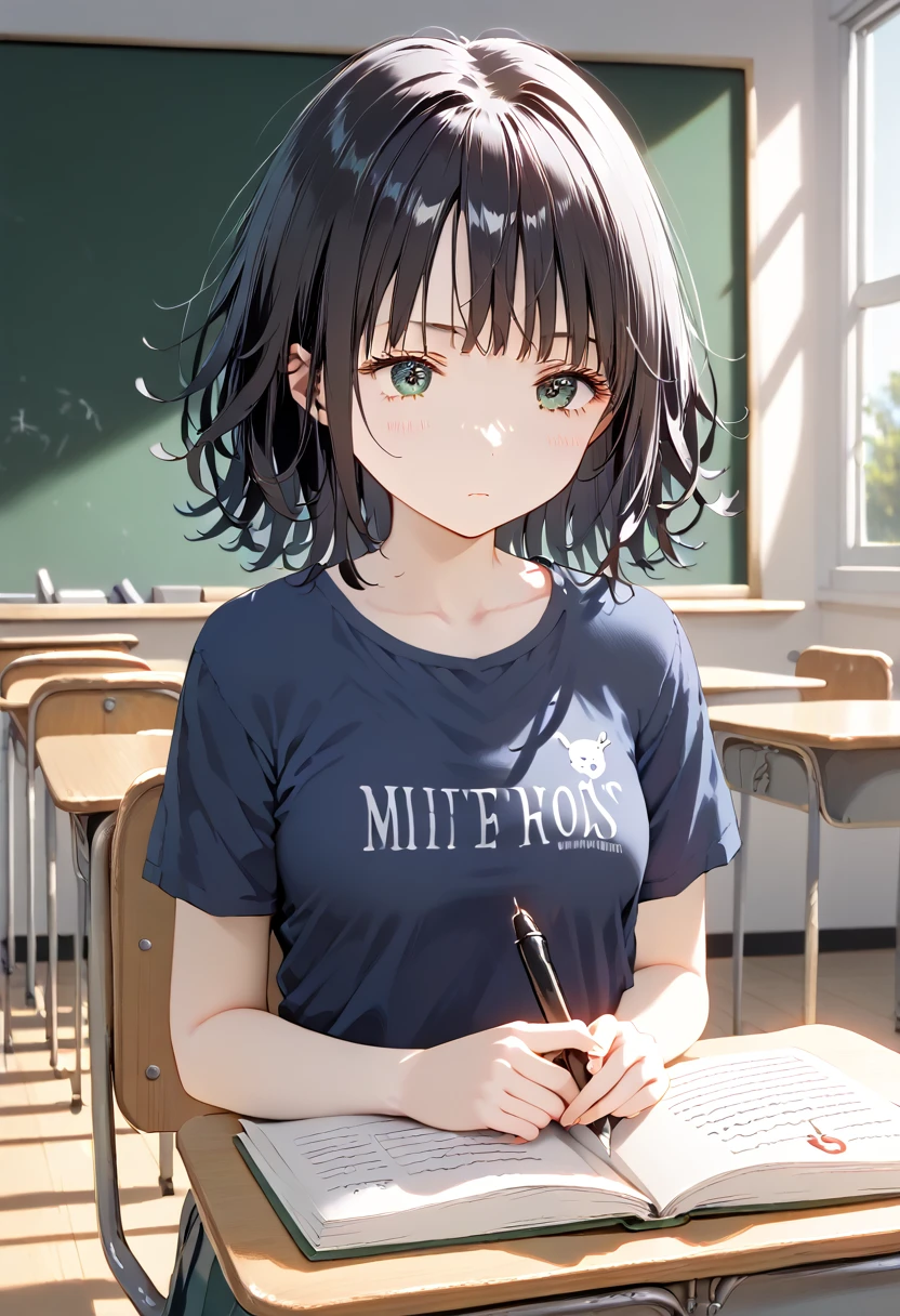 score_9, score_8_up, score_7_up, 1girl, (masterpiece), (best quality), (ultra detailed),(disheveled hair),(illustration),A woman is sitting in the classroom, girl, woman classmate, in the campus classroom, this woman classmate is wearing a white T-shirt, short black hair, holding a pen in his hand, there are test papers, there are books, the lens is mainly featured on the upper body, in the Loepfe art style ((Xinhai City), popular in CGStation, Xinhaicheng H 2160, inspired by Bian Shoumin, Xinhaicheng, Kavasi, Guvitz style, high-quality pictures, 4K, 8K, resolution,