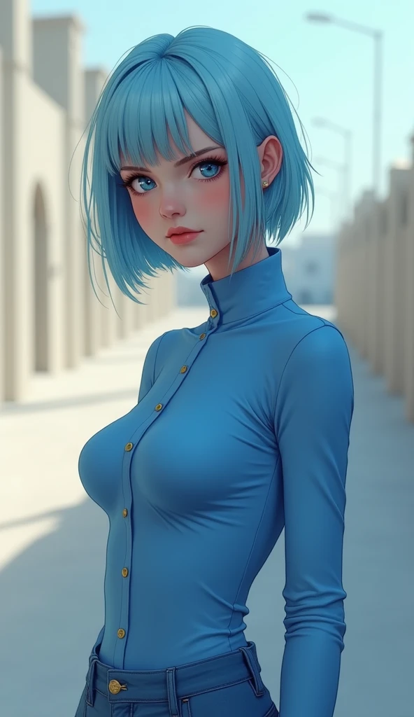 (masterpiece, best quality), 1girl,Baby blue Short Crop with High Fade, Size F breasts, <lora:keyhole_turtleneck_v1:1> open-chest sweater