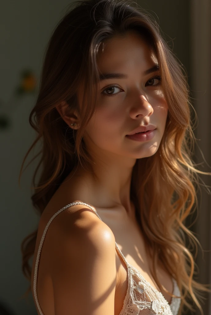 YES NSFW, Goddess, Realistic Babe, (best quality,4k,8k,high res,masterpiece:1.2),ultra-detailed,(realistic,photo realistic,photo-realistic:1.37), half portrait, beautiful face,flowing hair,wisdom,serene expression,divine beauty,ethereal glow,heavenly aura,graceful pose,golden halo,sparkling eyes,elegant gown,light pastel color palette,soft lighting,delicate brushstrokes,classic portrait, Renaissance style,sublime tranquility