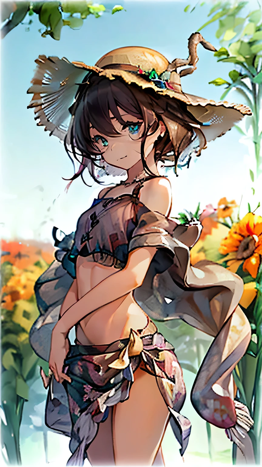 1girl, solo, bed of flowers, (brunette hair:1.2), (hazel-green eyes), almond shaped eyes, dark brown  wavy hair, narrow shoulders, broad hips, thick thighs (small chest:1.4), anime masterpiece, soft lighting, intricate, highly detailed, pixiv, anime art, 4k,  garden of words style art, high quality, pastel water colors, watercolor anime art style, ((cropped shawl, sarong, straw sun hat))