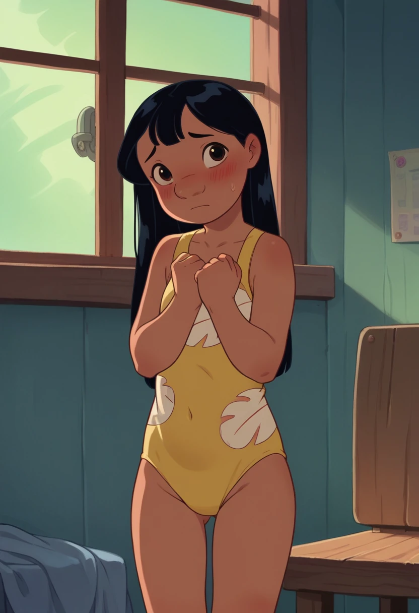 Lilo pelekai, 1 girl, Bblack hair, blush, shy, eyes browns, Tilt your head, cowboy shot, yellow swimsuit/rot, coxas nuas, nice legs, naked legs, 正面, 1 girl, standing alone, gazing at viewer, all-body, Room, window, best qualityer, no flaws