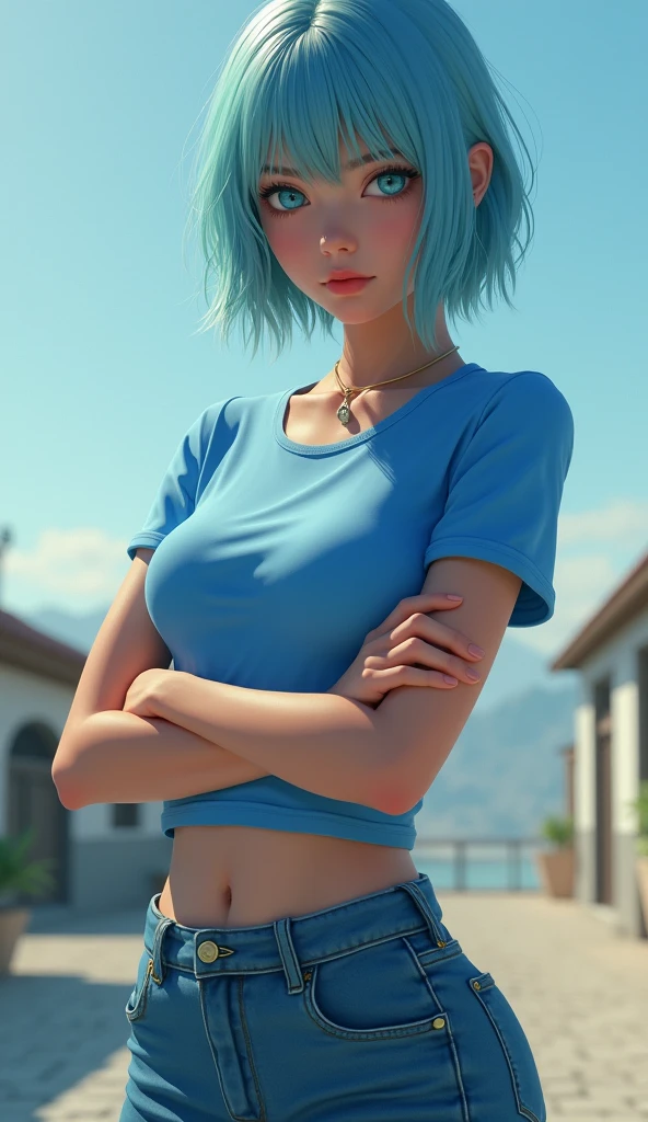 DigiArt Style, looking at viewer, full body, digital art, best quality, 1girl, (dakotaskye:1.0), blue eyes, pixie cut, (small breasts), blush, hro