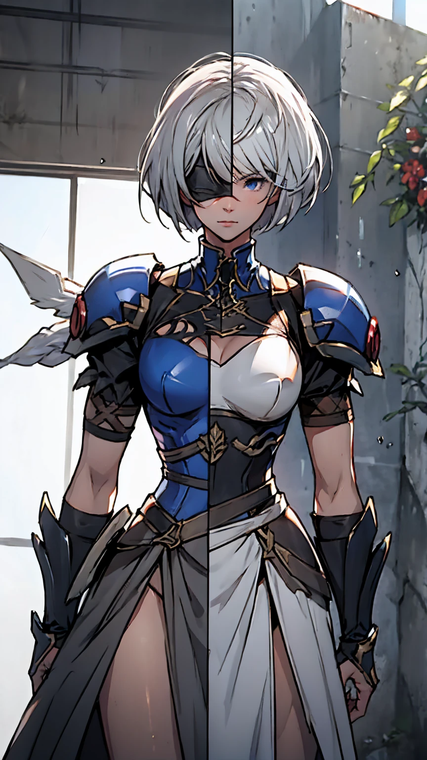 Highly detailed, High Quality, Masterpiece, beautiful,
BREAK 1girl, cowboy shot SplitScreen, split screen, "2B", short black skirt, black blindfold, white hair, (short bob cut), BREAK 1girl, cowboy shot, SplitScreen, split screen, "Lenneth", blue plate armor, winged helmet, long white hair, (single braid),LennethVP, armored dress