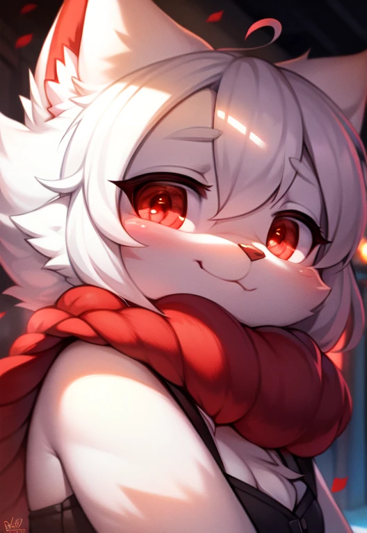 furry, white fur, ultra cute face, red elements on fur, glowing t-shrt, beautiful lights and shadows, ambient light, ultra detailed fur, volumetric light