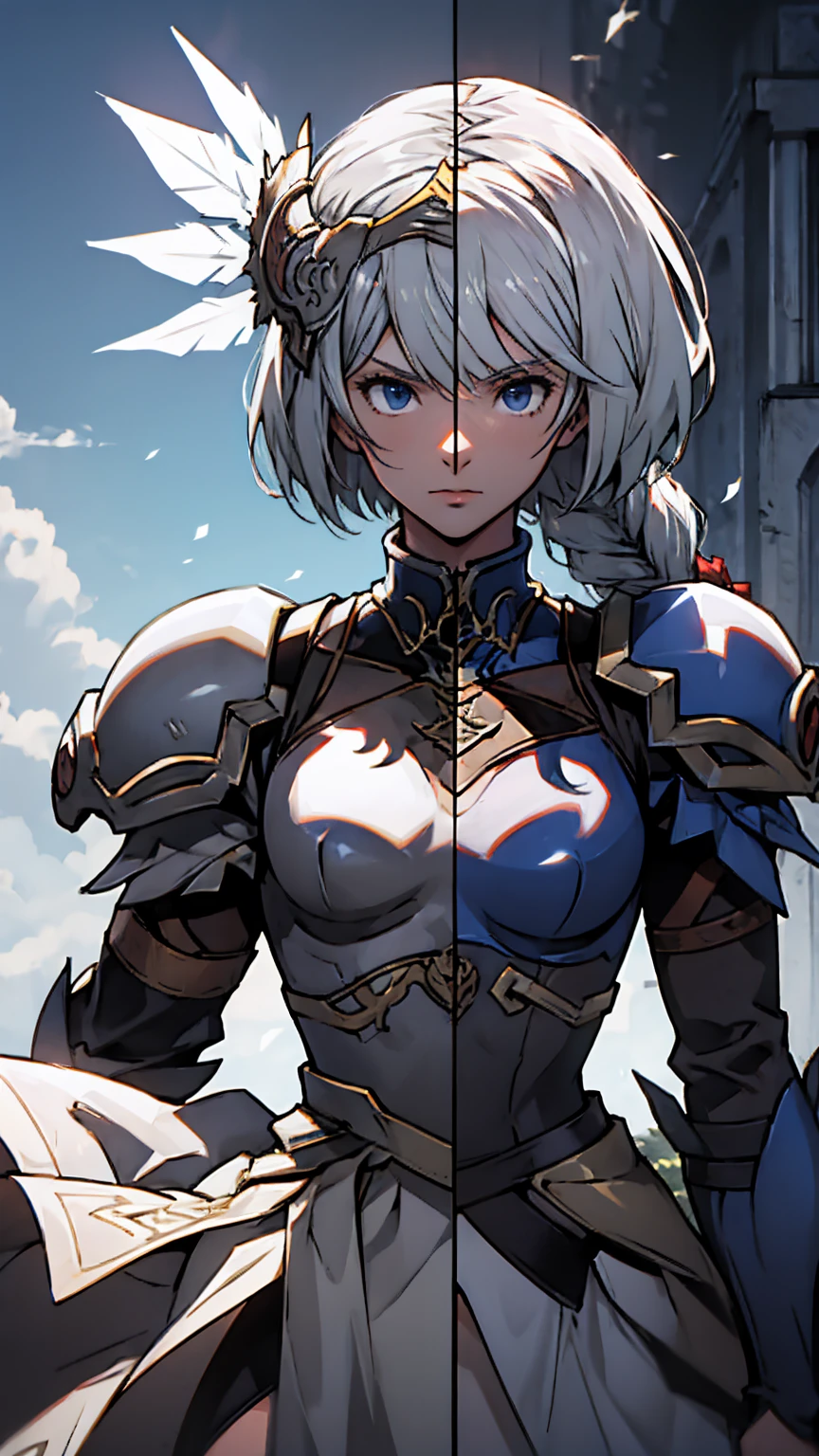 Highly detailed, High Quality, Masterpiece, beautiful,
BREAK 1girl, cowboy shot SplitScreen, split screen, "2B", short black skirt, black blindfold, white hair, (short bob cut), BREAK 1girl, cowboy shot, SplitScreen, split screen, "Lenneth", blue plate armor, winged helmet, long white hair, (single braid),LennethVP, armored dress