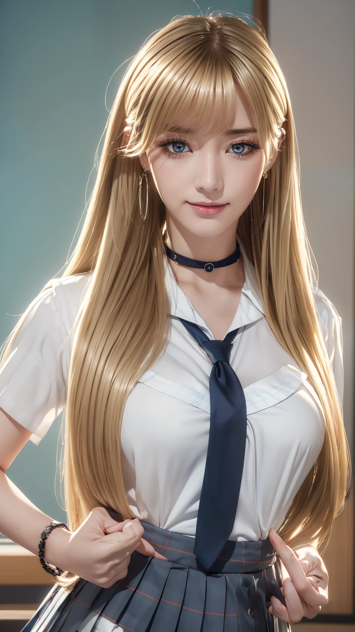 marinkitagawa, ((1)), ((long hair, bangs), ((blonde:1.1)), ((red eyes:1.1)), (double eyelids), ((makeup:1.2)), (sweet smiling facial expression:1.1), (exposed chest), ((medium firm breasts:1.4)), ((white shirt, jewelry, school uniform, blue plaid pleated short skirt, earrings, tie, black choker necklace, bracelet)), (classroom background), looking at the viewer, ((masterpiece:1.2)), ((best quality, high resolution, unity 8k wallpaper, highly detailed face, perfect lighting, highly detailed fingers)), ((perfect hands, perfect anatomy)).
