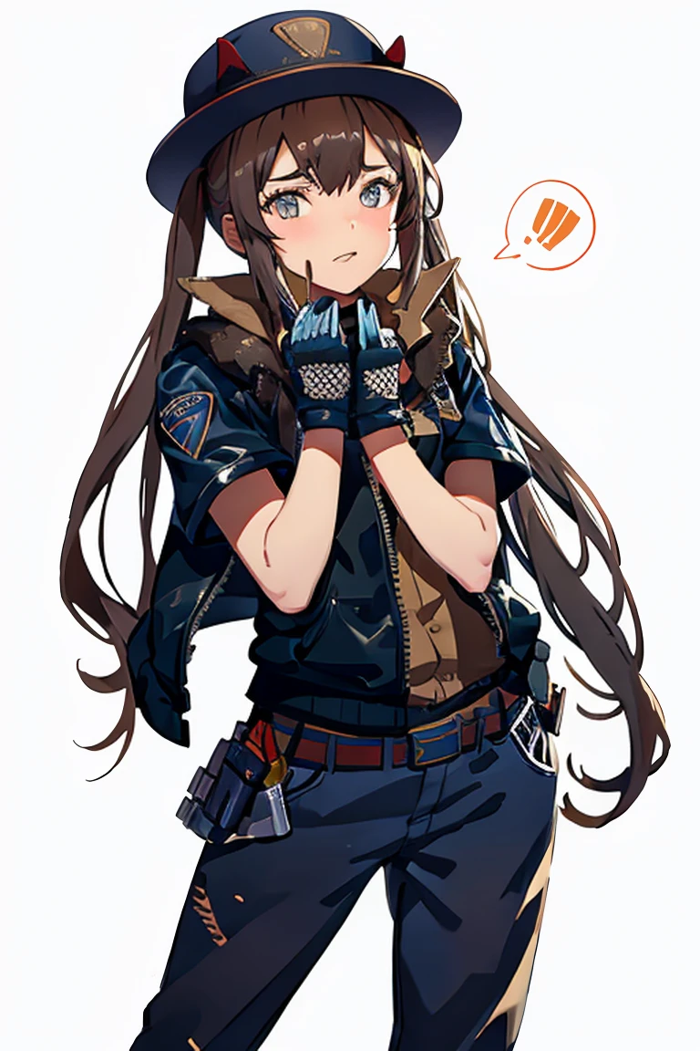 World Trigger、a 19 years old girl、Half-up with brown hair、The eyes are brown with a little yellow、Belongs to Gyokugu 2、He wears a bulletproof vest over his second squad uniform、She wears long spats with a skirt。、There is a handgun holder on the thigh、Shoes are easy to move and simple boots、Position is all-rounder。
